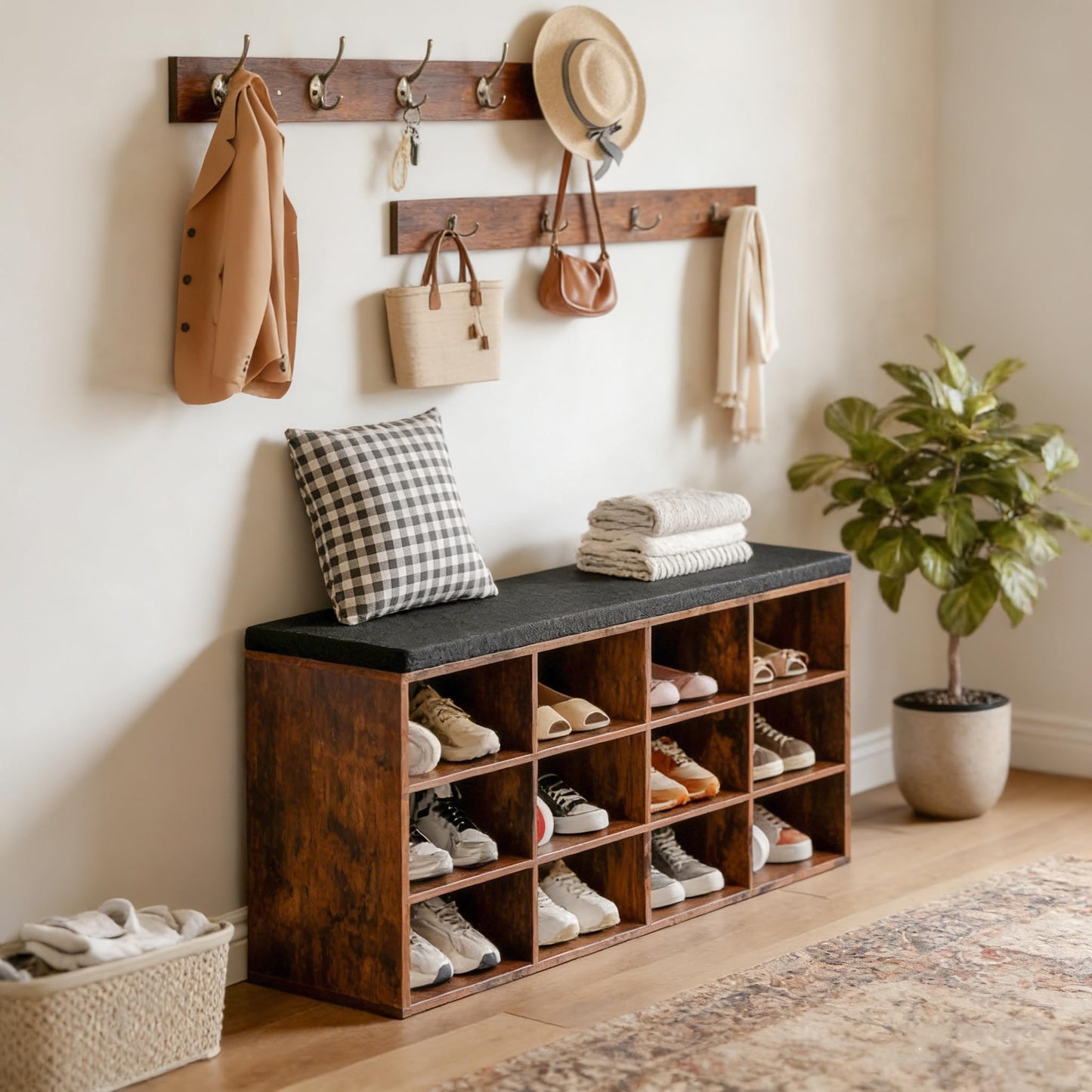 HOOBRO Shoe Storage Bench with Cushion, 39.4" L Entryway Bench with 12 Cubbies, Entryway Hall Tree
