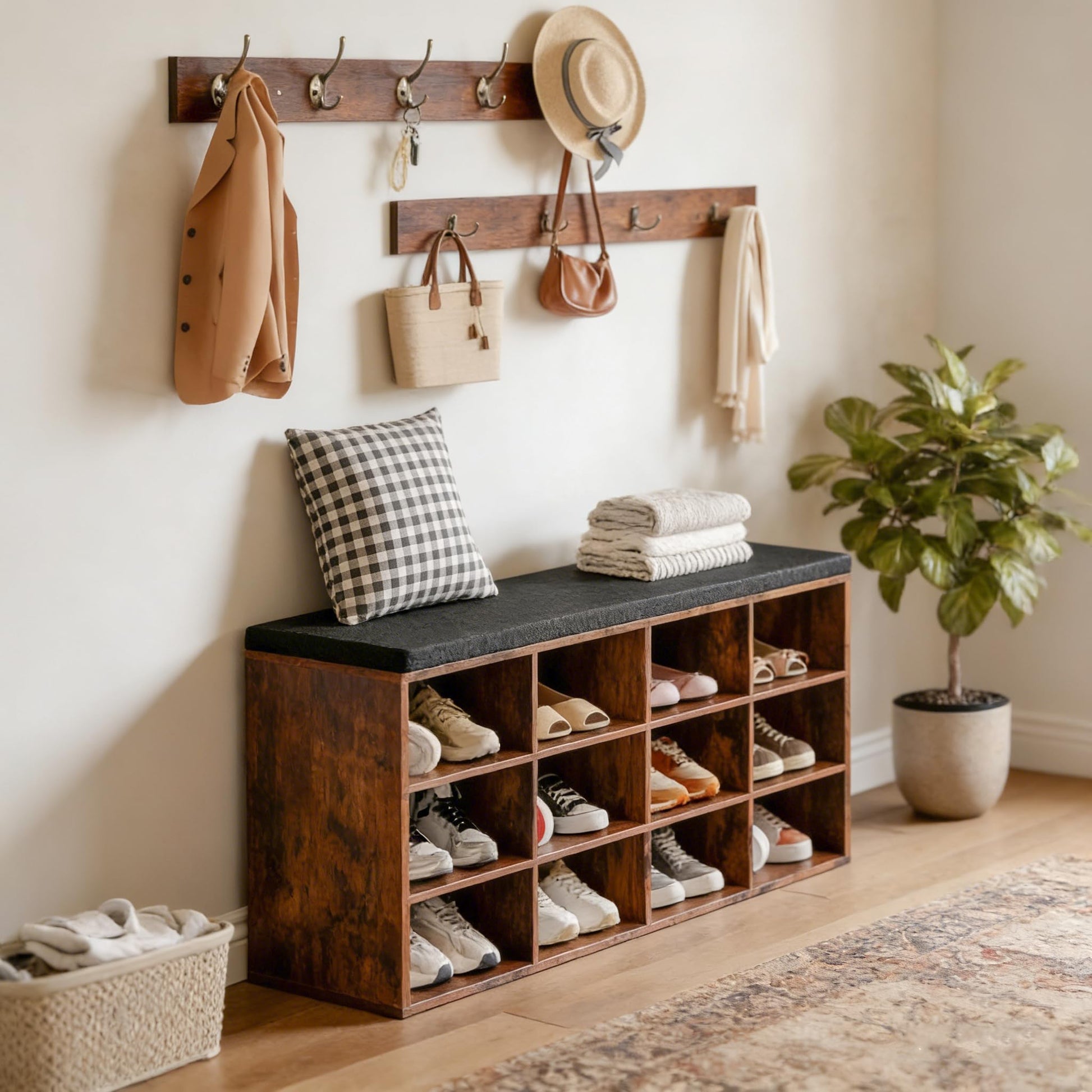 HOOBRO Shoe Storage Bench with Cushion, 39.4" L Entryway Bench with 12 Cubbies, Entryway Hall Tree
