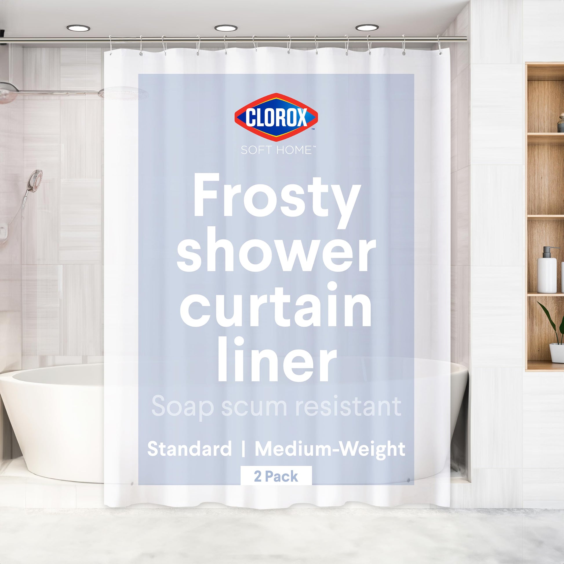 Clorox Shower Curtain Liner, Premium Medium-Weight Durable Waterproof 6g PEVA for Bathroom with