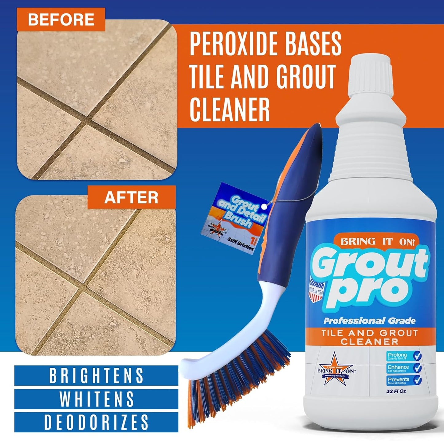 Bring It On Grout Cleaner Pro with Grout Cleaning Brush – 32Fl Oz Grout Cleaner for Shower Tile Includes 8-inch Heavy-Duty Grout and Tile Cleaner Brush – Effectively Removes Mineral Deposits