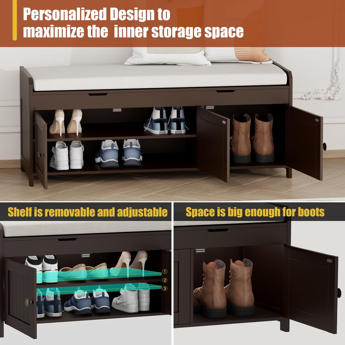 HOMEFORT 41.3" Shoe Bench with Lift Top Storage, Entryway Bench with Cushioned Seat, Wooden End of