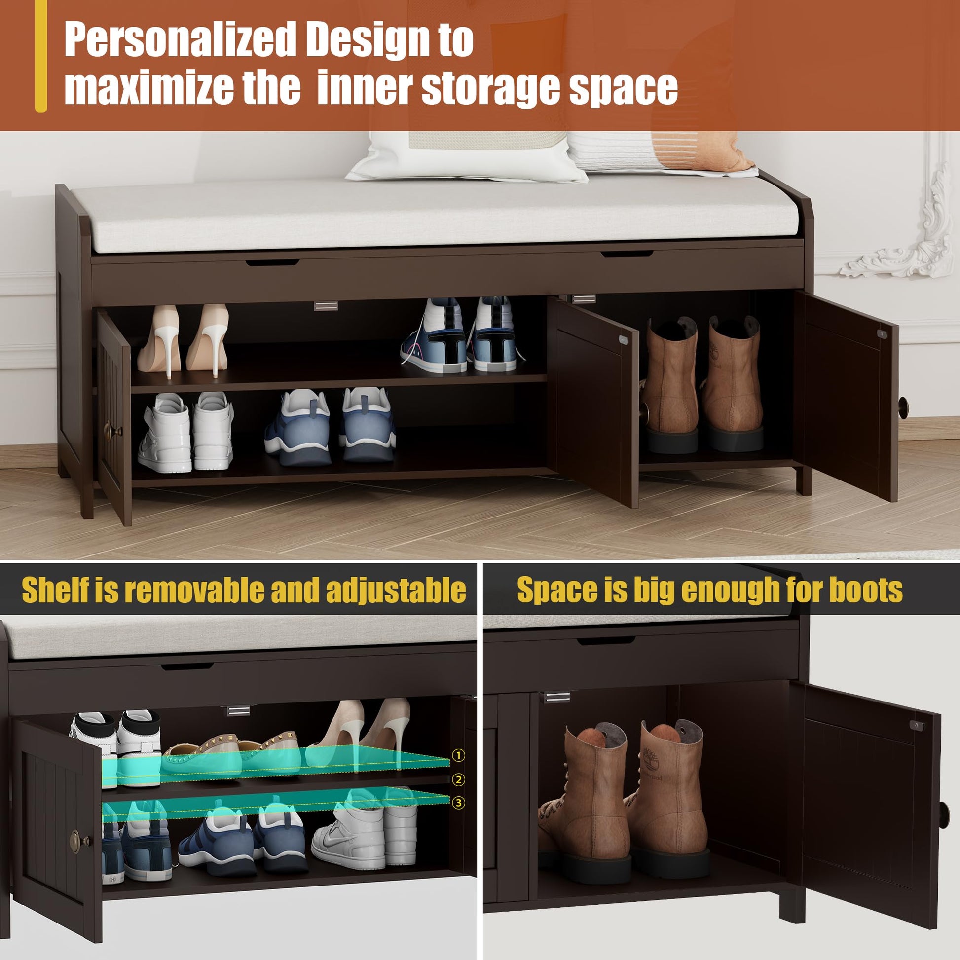 HOMEFORT 41.3" Shoe Bench with Lift Top Storage, Entryway Bench with Cushioned Seat, Wooden End of