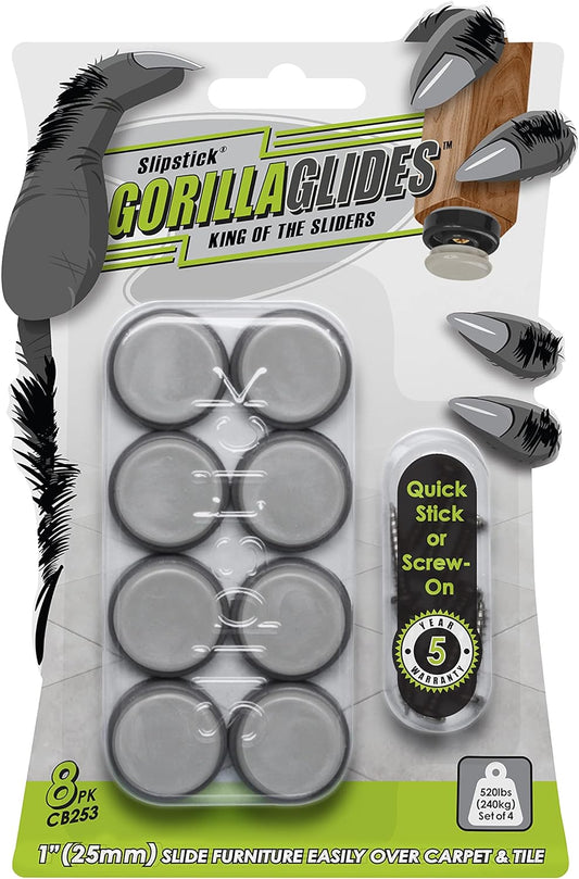 GorillaGlides CB253 1 Inch Chair Sliders/Furniture Glide Floor Protectors (Set of 8 Glides)