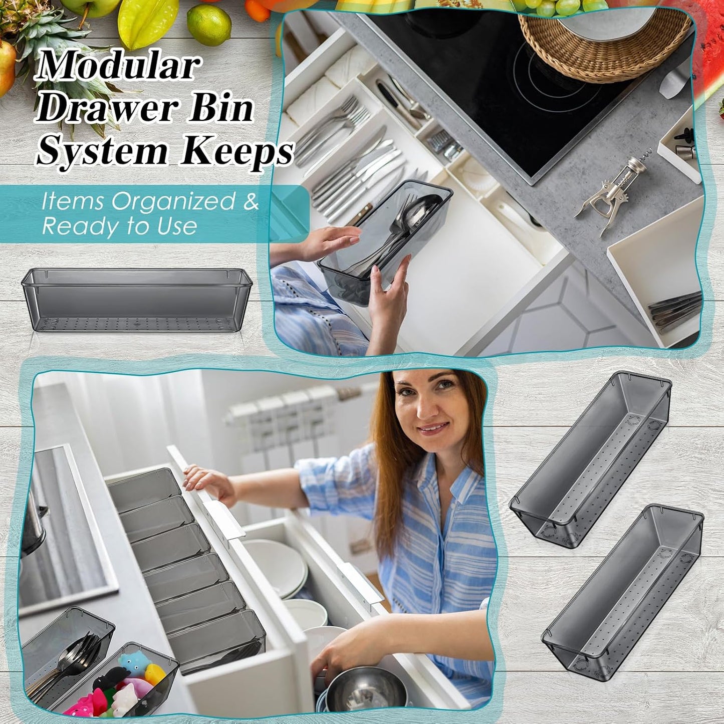 Maitys 12 Pcs Vanity Drawer Organizer 9 x 3 x 2 Inches Clear Plastic Utensil Organizers Kitchen Drawers Dividers for Office Desk Silverware Kitchen Utensils Cosmetics and Bathrooms(Black)