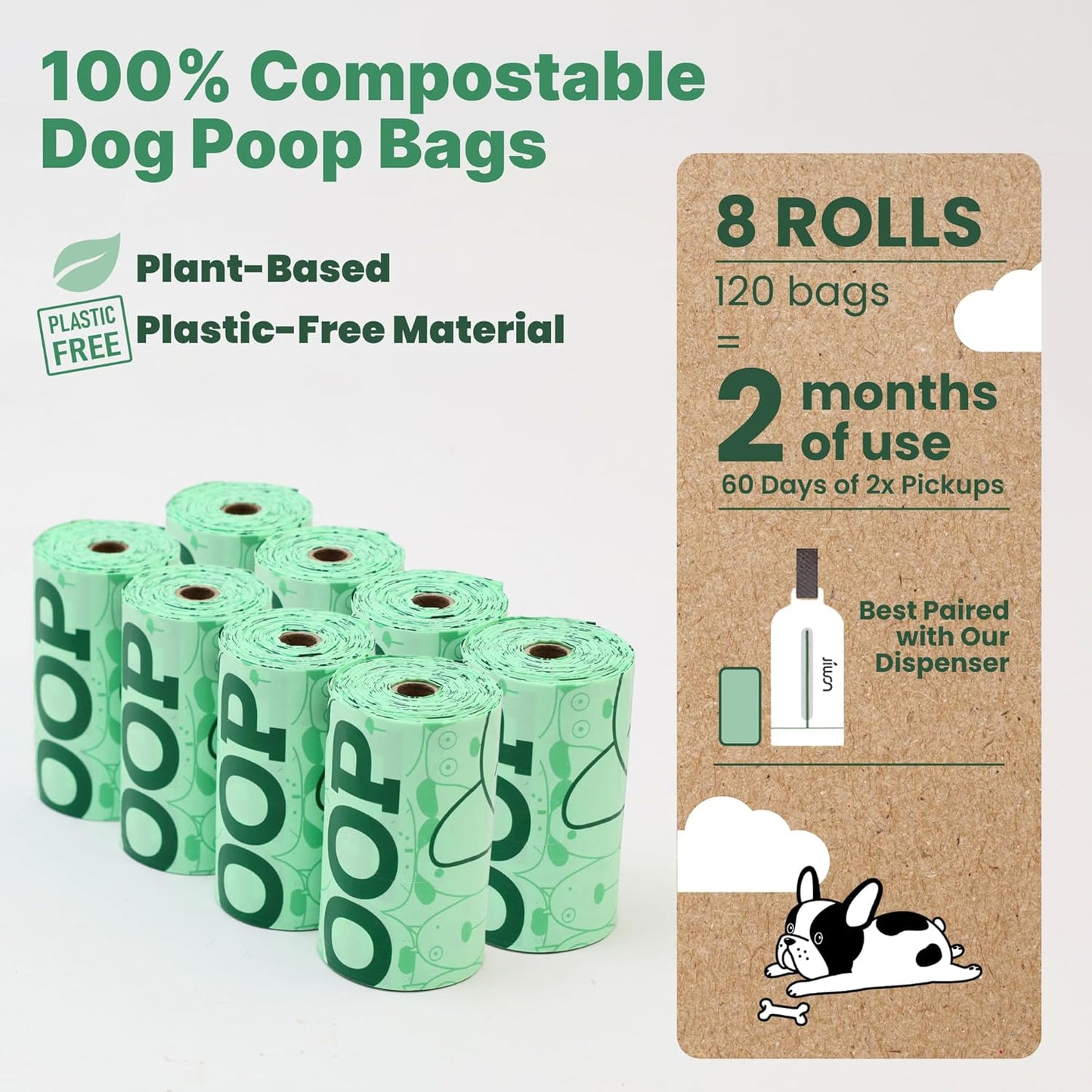 JIWON 100% Certified Home Compostable Dog Poop Bags, 120 Count (8 Rolls), 9"x13", OK Compost & Seedling, Thick & Leakproof, Plant Based Compostable Waste Bags, Unscented