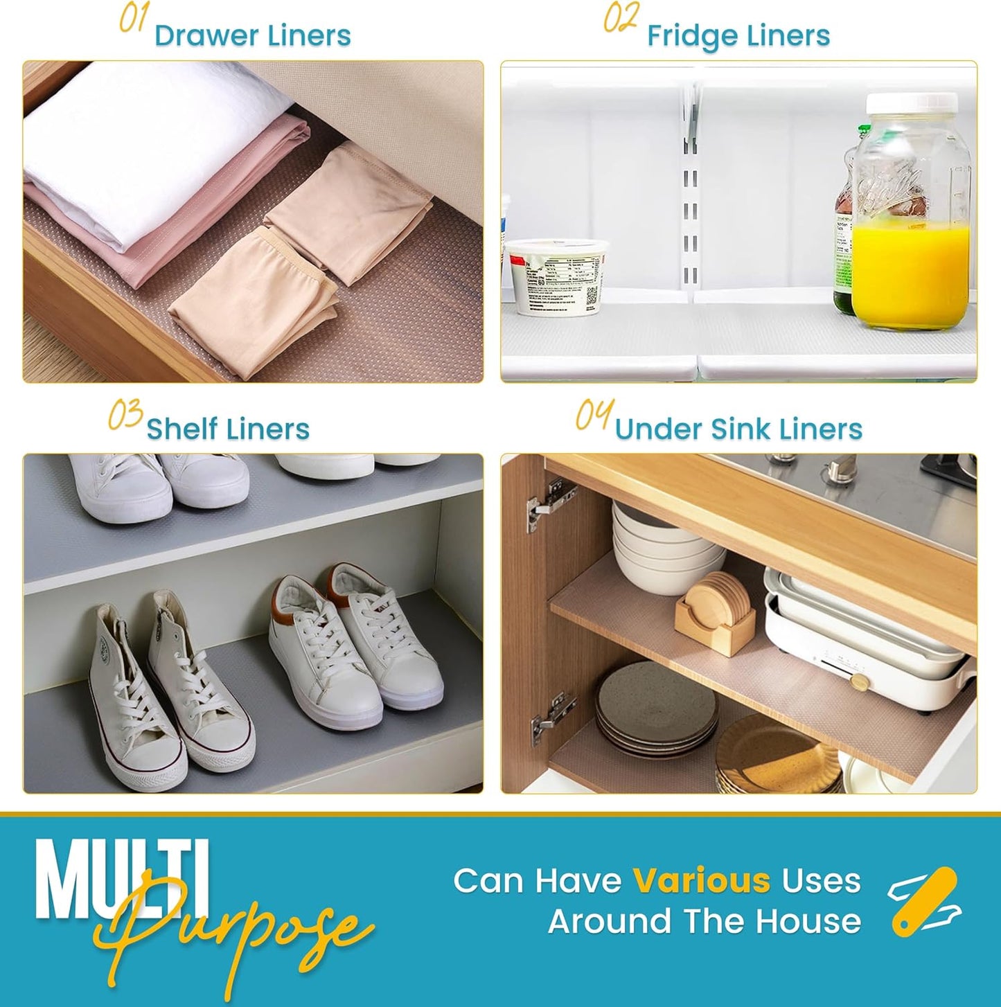 Refrigerator Liners for Shelves (16 Pack) by Linda’s Essentials - Non-Adhesive Shelf or Drawer Liner, BPA-Free Fridge Mats for Kitchen & Cabinets, Easy to Clean, Ideal Household Essentials (Clear)