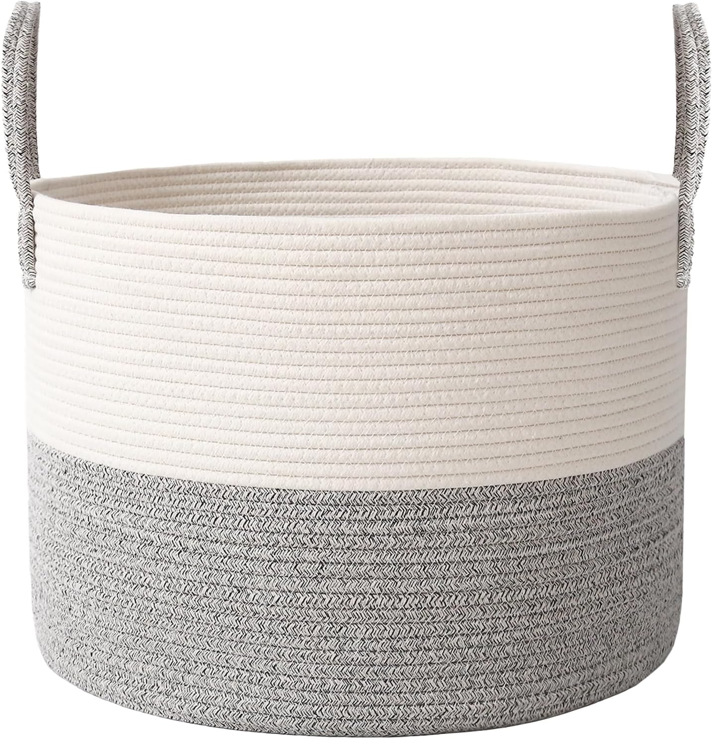 Woven Blanket Basket,115L Large Rope Storage Bin with Handles, Organizer for Blankets Toys Book and Clothes, Laundry Basket for Living Room Bedroom Nursery,White&Grey