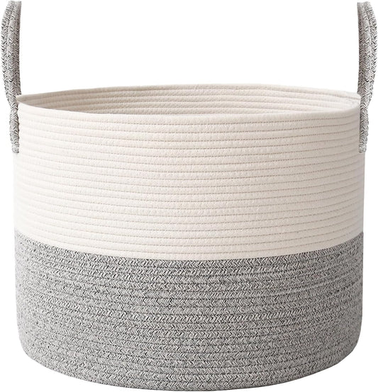 Woven Blanket Basket,115L Large Rope Storage Bin with Handles, Organizer for Blankets Toys Book and Clothes, Laundry Basket for Living Room Bedroom Nursery,White&Grey