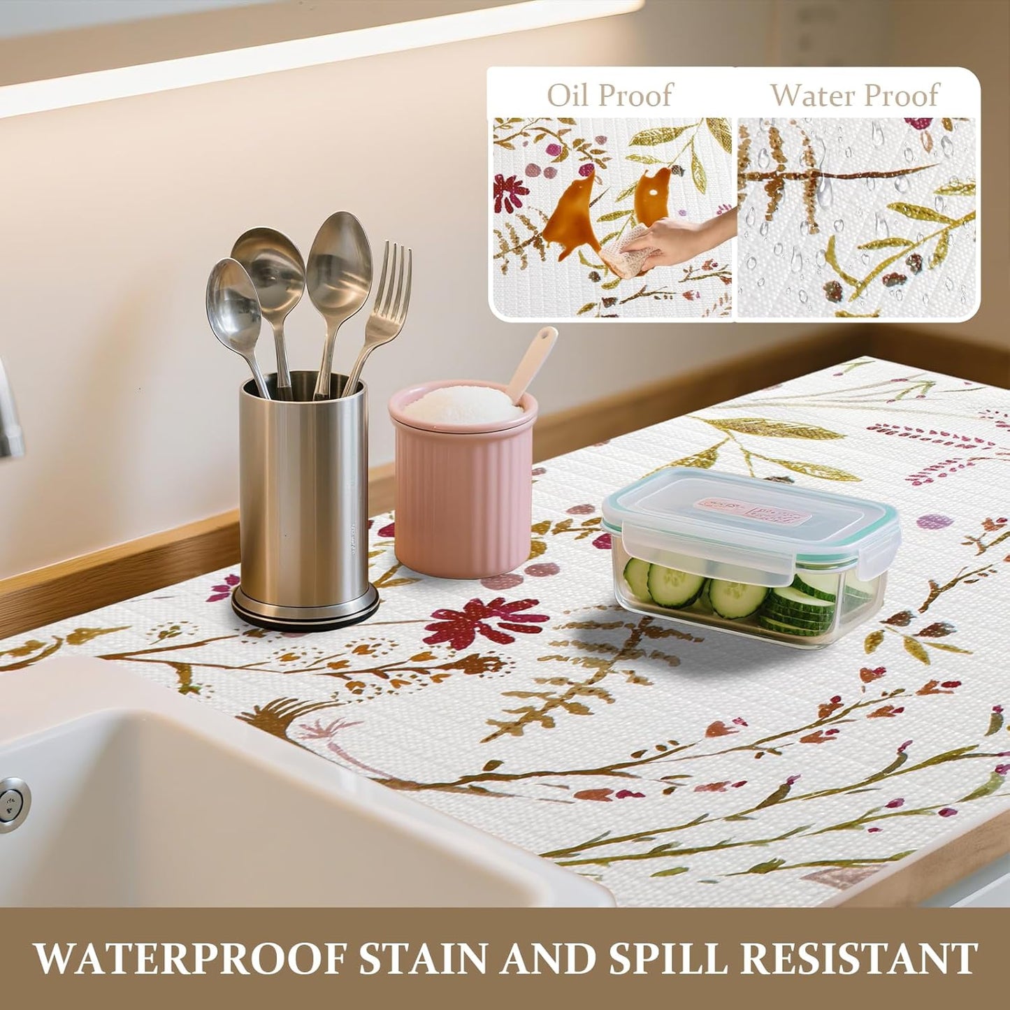 FINNEZ Shelf and Drawer Liner 12in x 20FT with Cutting Tool, Non Slip Non Adhesive Drawer Liners for Kitchen Cabinets, Waterproof Floral Cabinet Liner for Shelves, Refrigerator