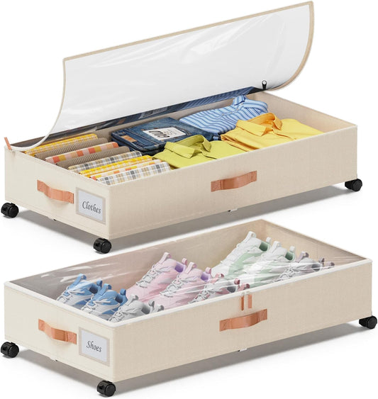 Under Bed Storage with Wheels, 2-Pack Under Bed Storage Containers with Clear Lids, XXL 65L Under the bed storage Organizer Bins, Rolling Under Bed Metal Drawer for Clothes,Shoes,Toys (White, 2-Pack)