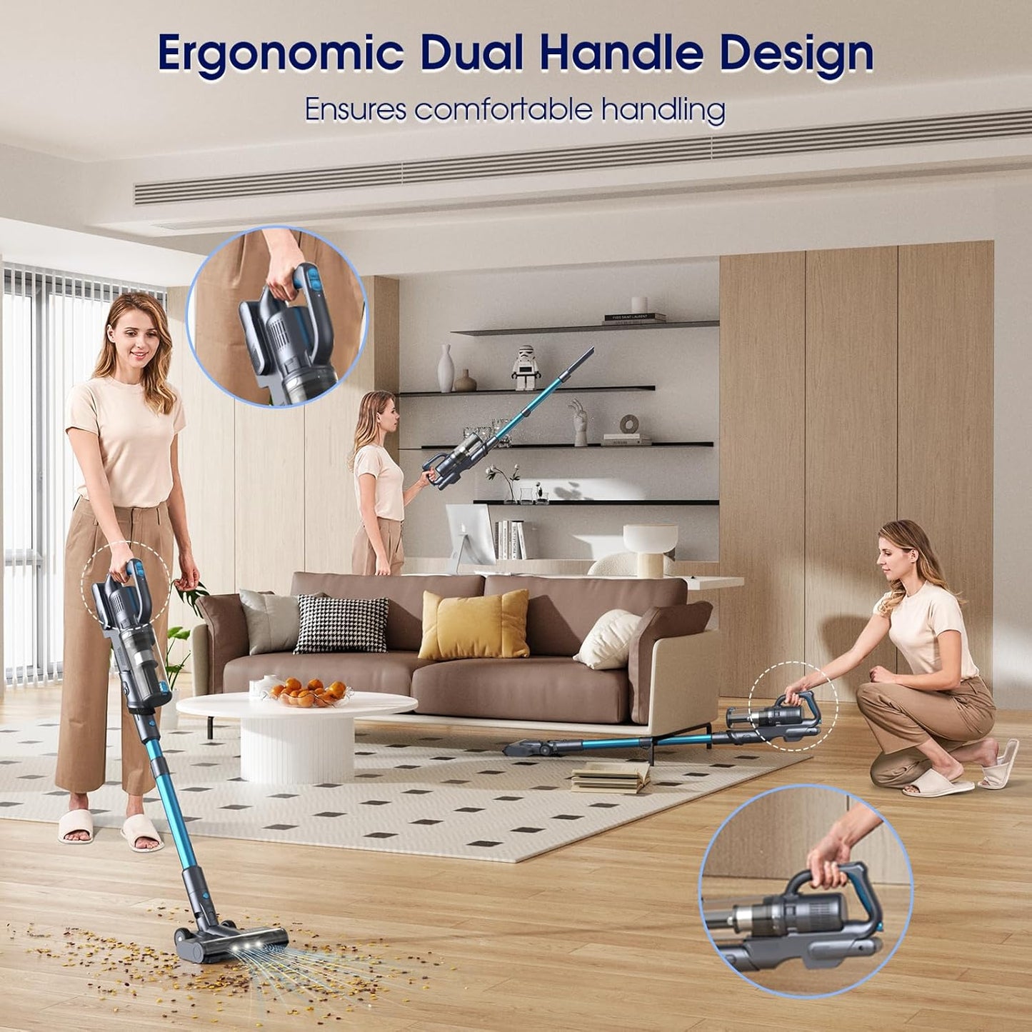 35,000pa Cordless Vacuum Cleaner, Max 50 Minutes, Lightweight Cordless Cleaners for Home, Stick and Handheld Vacuum for Carpets, Hard Floor, Pet Hair, Cars (Blue)