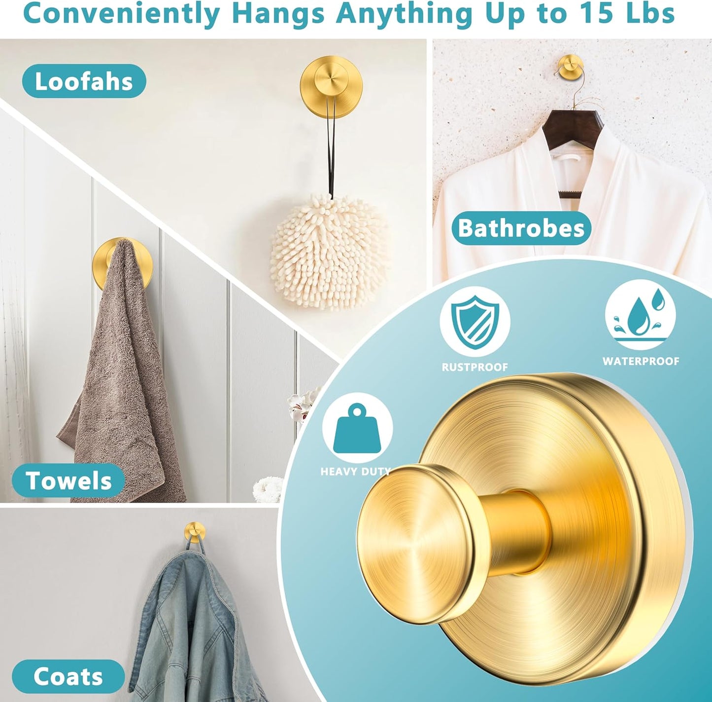Suction Cup Hooks for Shower,Wreath Hanger for Front Door,Removable No Drill Waterproof Towel Loofah Hook,Upgraded 15 lbs Strong Suction Metal Hooks for Bathroom,Wall,Garland Glass Door-Gold 4 Pcs