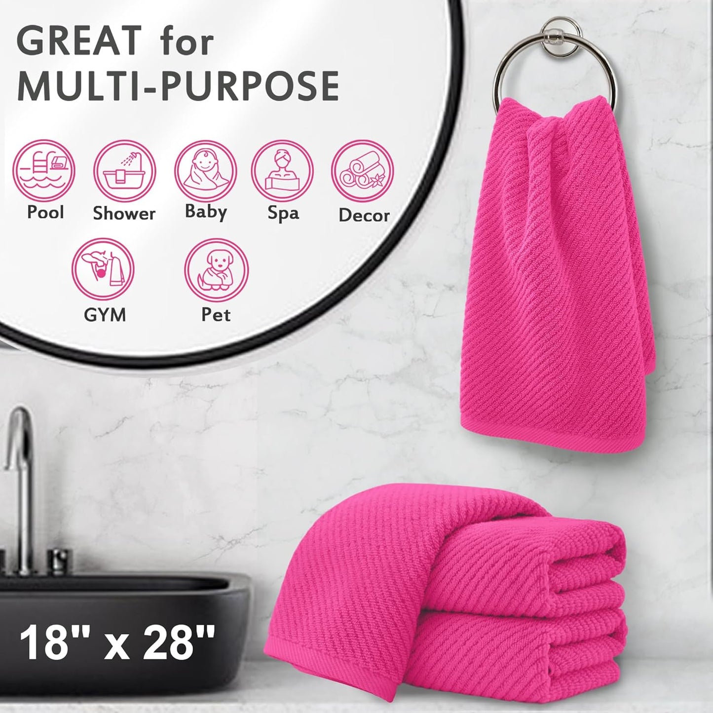 VOOVA & MOVAS Bathroom Hand Towels Set of 4, Large 18"x28" - 100% Cotton | Quick Dry | Light Weight | Thick | Soft | Absorption, Luxury Hand Towels for Showering, Hot Pink Bathroom Decor