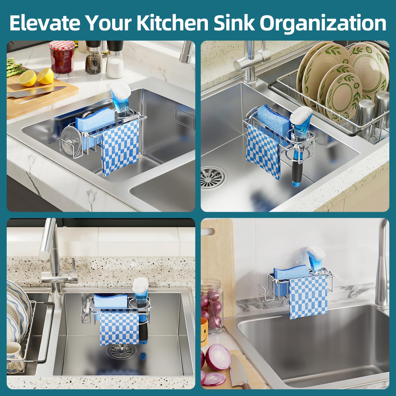TAILI 4-in-1 Sink Caddy for Kitchen Sink with Strong Suction Cup-Silver