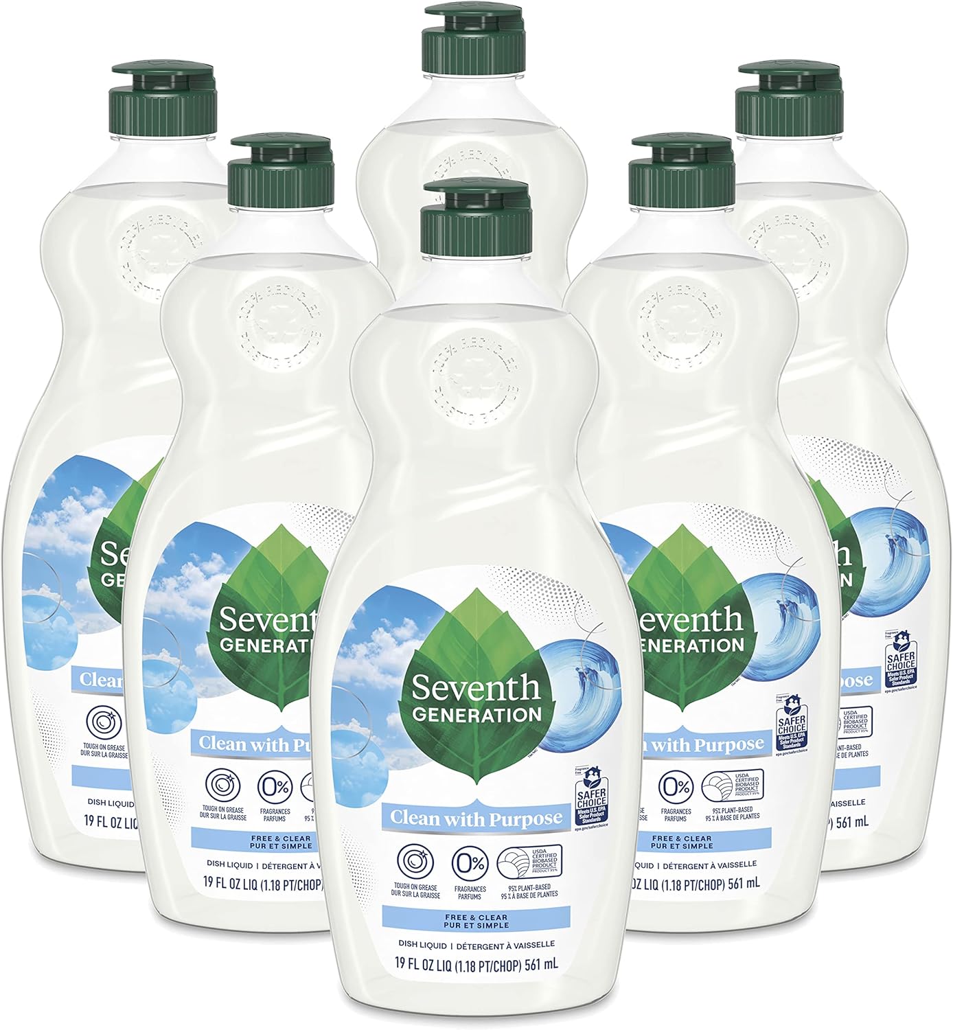 Seventh Generation Dish Soap Liquid, Fragrance Free, 19 oz. (Pack of 6, 36 Count Total)