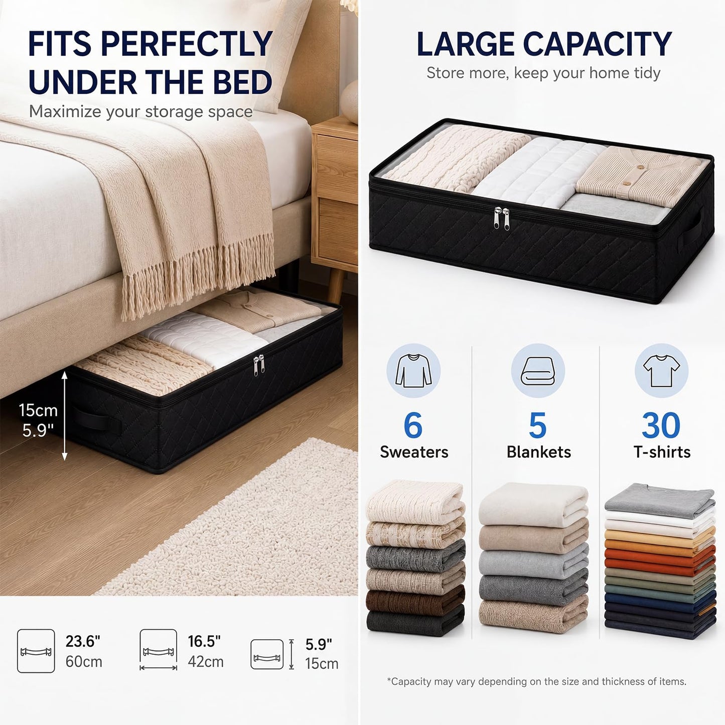 Fixwal Black Underbed Storage Bags with Clear Window and 2 Reinforced Handles Under Bed Storage