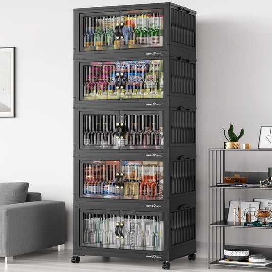 BROVIEW 400Qt Stackable Storage Bins with Lid, Extra Large Closet Organizer Collapsible Drawer Boxes with Wheels, Folding Plastic Cabinet Containers for Home Kitchen Room Organization, 5Pack Black