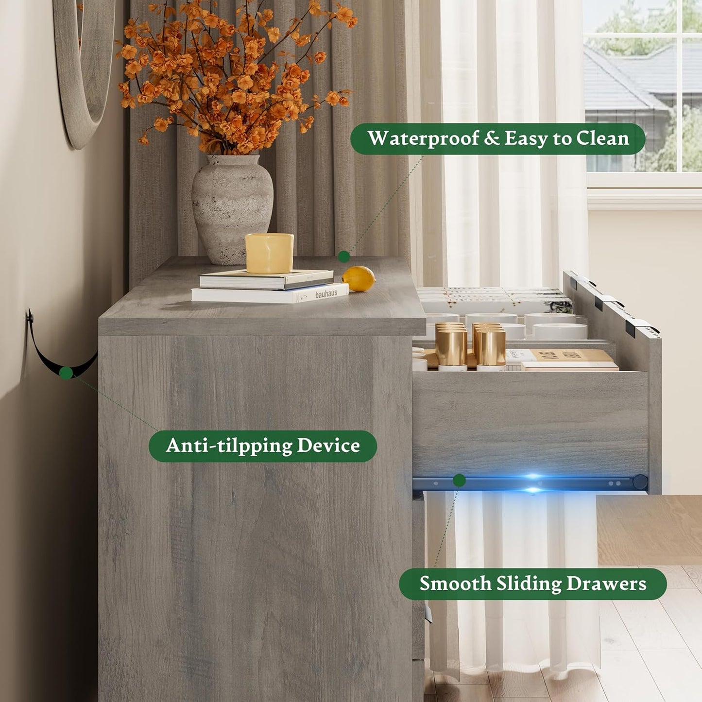 Fluted Dresser with 7 Drawers, 58" Wide Modern Chest of Drawers with Metal Handle, Wooden Dresser TV Stand, Wood Closet Clothes Storage Organizer for Bedroom, Living Room, Hallway, Light Grey