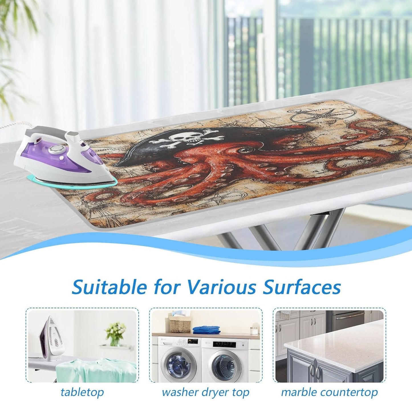 Octopus Pirate and Compass Ironing Mat for Table top Portable Ironing Pad Blanket for Washer Dryer Countertop Travel
