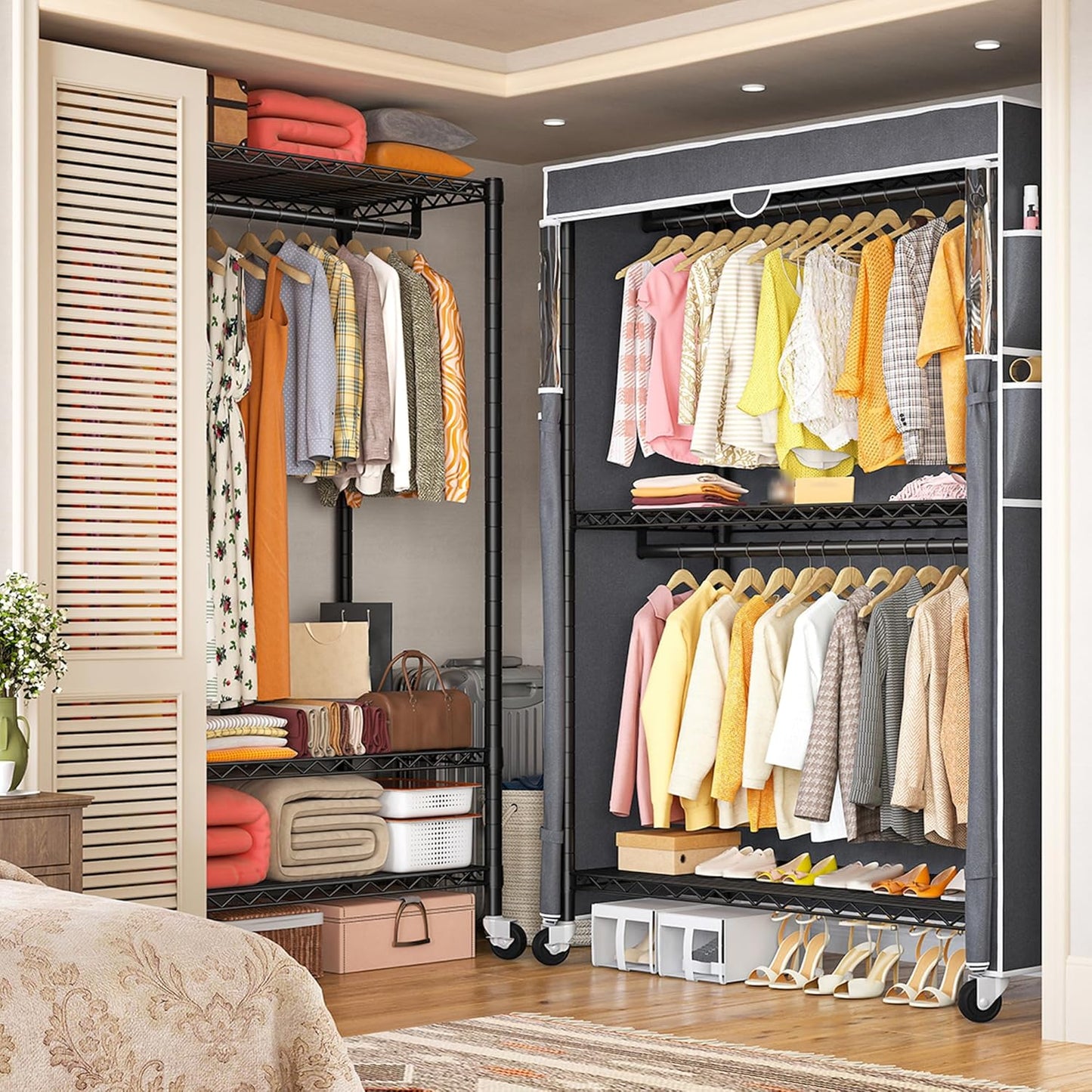 Raybee Clothes Rack with Cover, 81" H Clothing Racks for Hanging Clothes, Portable with Wheels and Adjustable Feets, Max Load 440LBS, Black