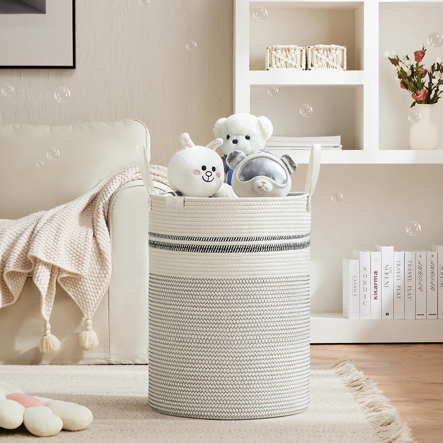 VIPOSCO Tall Laundry Basket, Large Dirty Clothes Hamper with Leather Handle, Woven Rope Storage Basket for Blanket, Toy In Living Room, Bathroom, Bedroom - 100L Stripe White