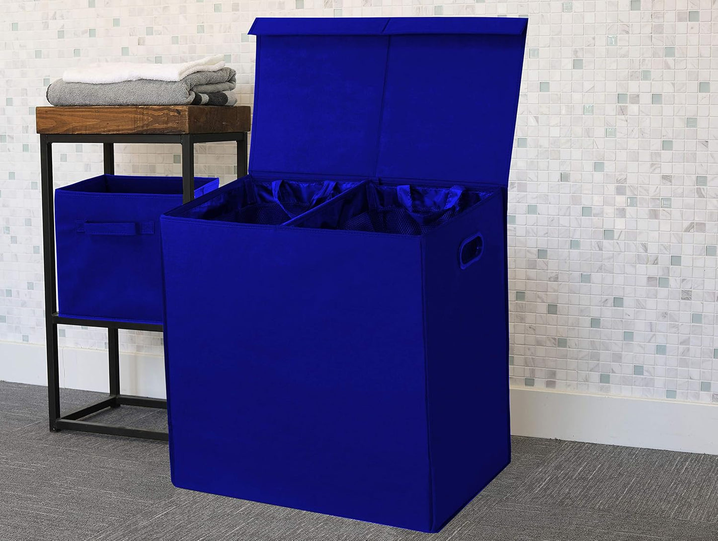 Simple Houseware Double Laundry Hamper with Lid and Removable Bags, Dark Blue