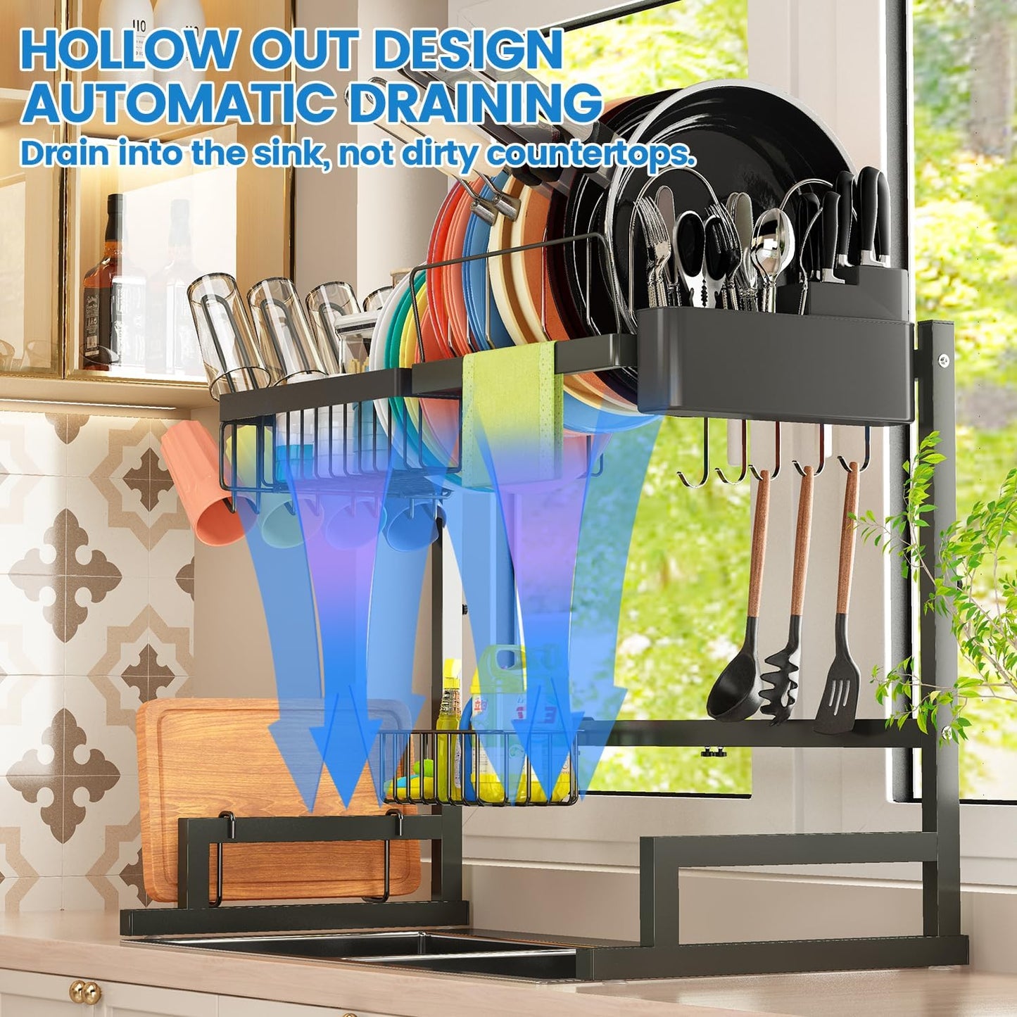 Over Sink Dish Drying Rack (Expandable Height/Length) Snap-On Design Large Dish Draine Storage Counter Organizer (24" - 35.5" L x 12" W x 19" - 22" H)