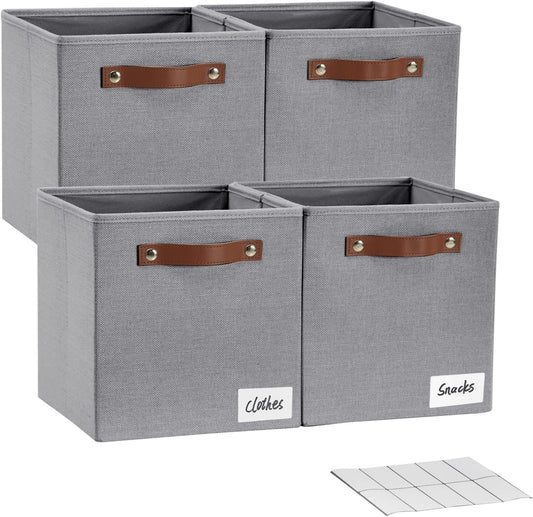 Collapsible Fabric Storage Cube Bins with 2 Reinforced PU Handles, Foldable Storage Organizer Baskets for Closet, Shelves, Living Room | 11"x11"x11", 4 Pack, Full Gray