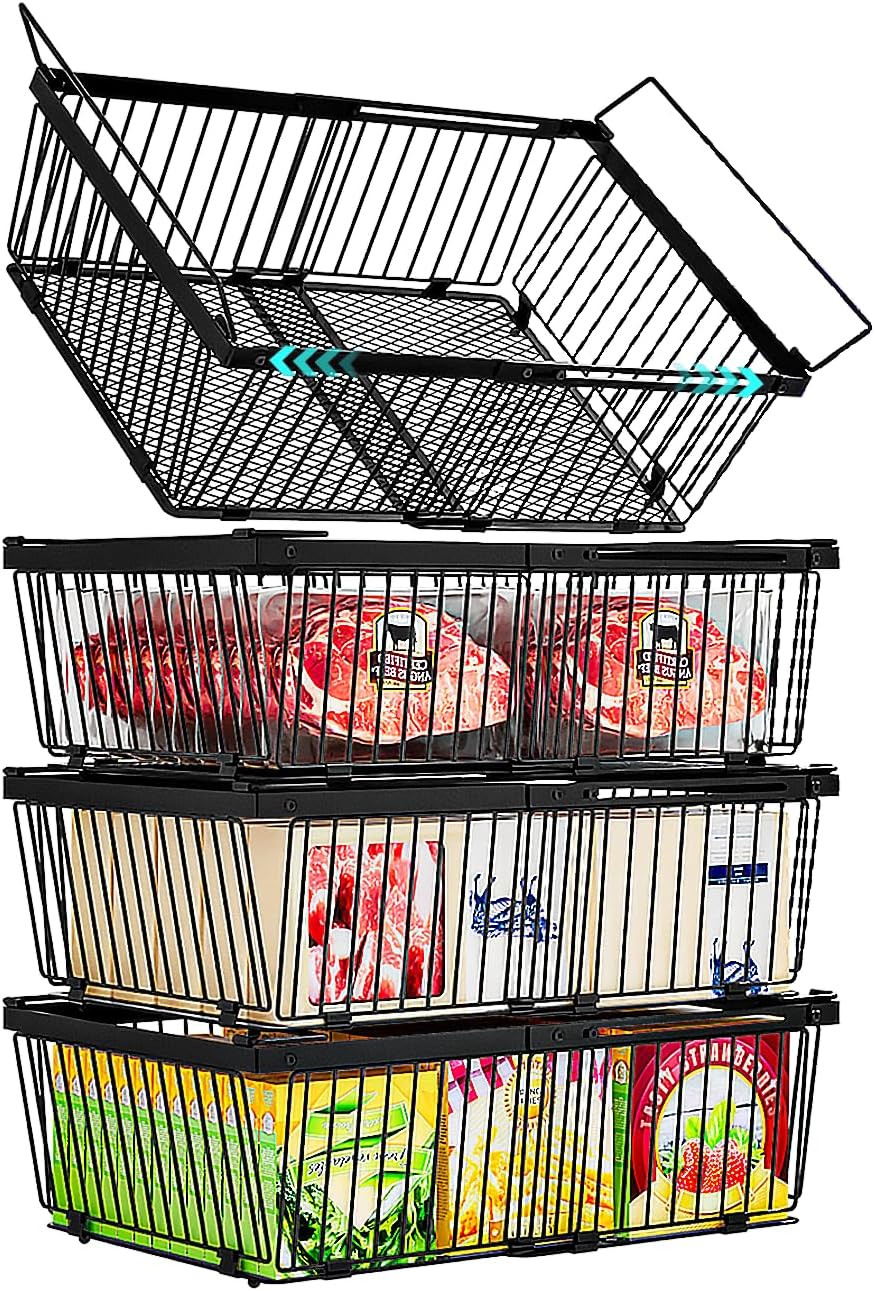 Large Freezer Organizer Bins，Upgraded Bottom Leak-Proof net，Fit 10 to 20 Cu Ft Chest Freezer，4Pack， Expandable Stackable Chest Freezer Containers with Handle(Black-4Pack)