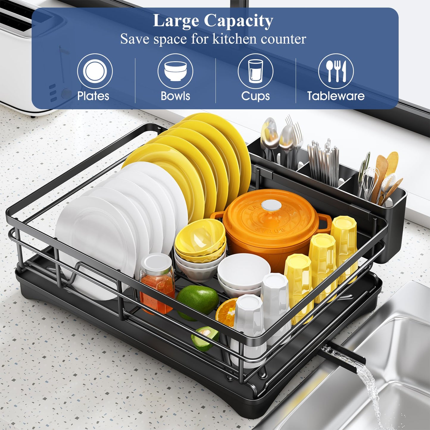 SNTD Dish Drying Rack for Kitchen Counter, 11.8" W x 16.7" L, Black