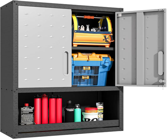 Metal Wall Cabinets with Doors and Shelves Black and Gray Garage Cabinets Wall Mounted Adjustable Storage Shelving Floating Garage Tool Cabinet,Wall Cabinet for Warehouse/Basement/Kitchen