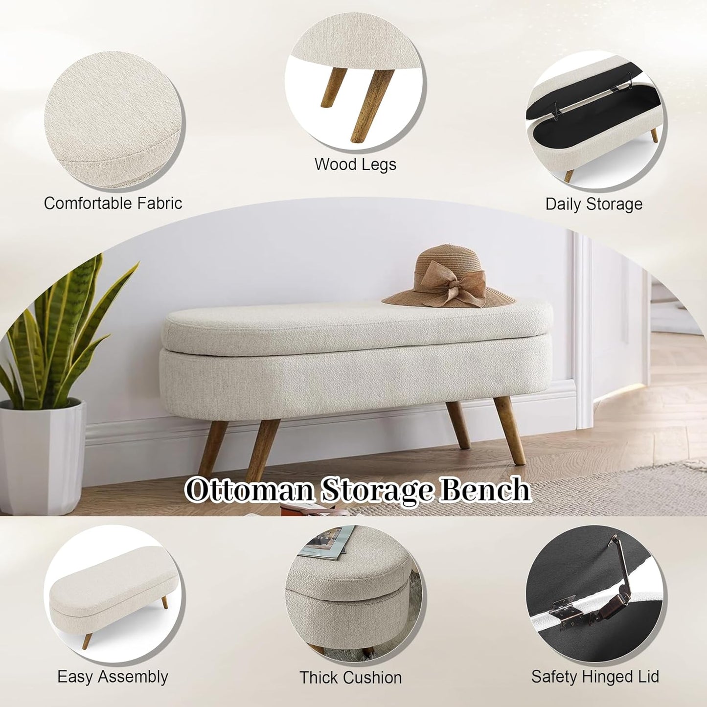 Storage Bench, 43" Storage Ottoman Bench for Bedroom, Upholstered Entryway Benches with Seating, Rubber Wood Legs, Shoe Storages Benches for Bedroom, Living Room, Entryway, Bed Side, Beige