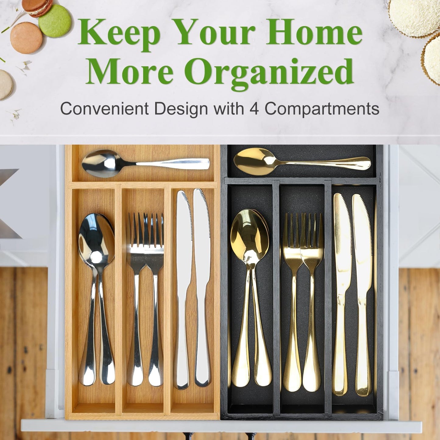 Small Wooden Silverware Organizer Tray Narrow Kitchen Drawer Dividers Utensil Organizers and Storage Black Cutlery Trays Spoon Flatware Organizer for Drawer Bamboo Cutlery Utensil Holder Tray