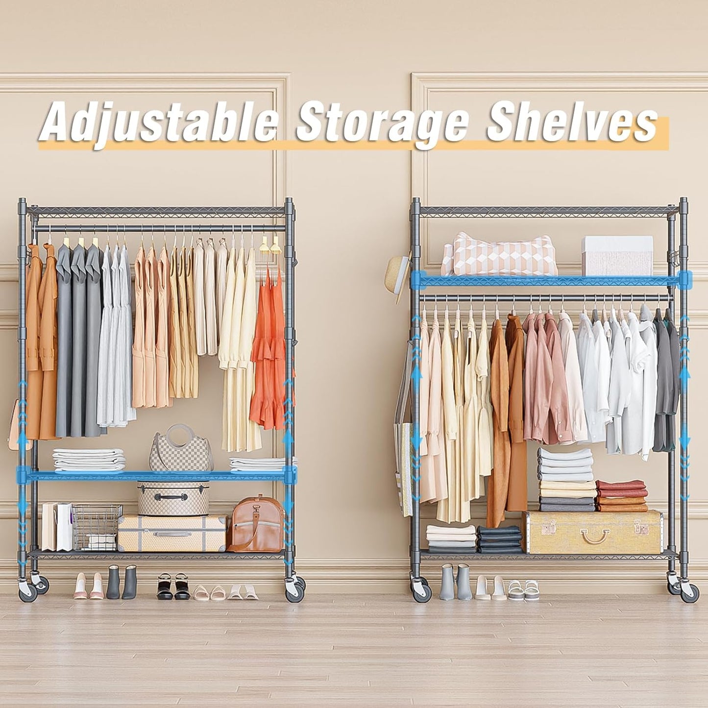 Homdox Heavy Duty Rolling Clothing Rack, Adjustable Garment Rack with 3 Tier Storage Shelves, Freestanding Closet Wardrobe for Hanging Clothes with Side Hooks, Gray