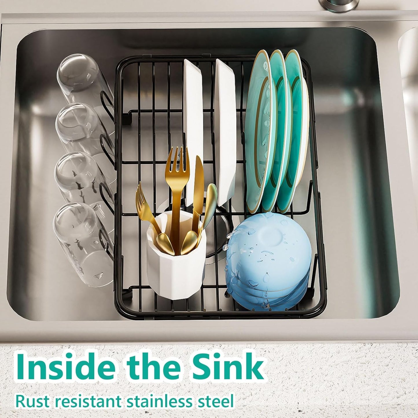 Dish Drying Rack in Sink Expandable Stainless Steel Kitchen Dish Drainer with 4 Cup Holders, Black