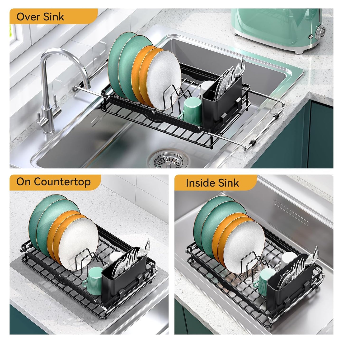 Over the Sink Dish Drying Rack,In Sink Dish Drying Racks,Expandable Dish Rack Over Sink Counter,Adjustable Dish Drainer for Inside Sink with Utensil Holder, Stainless Steel Dish Strainer Compact Size