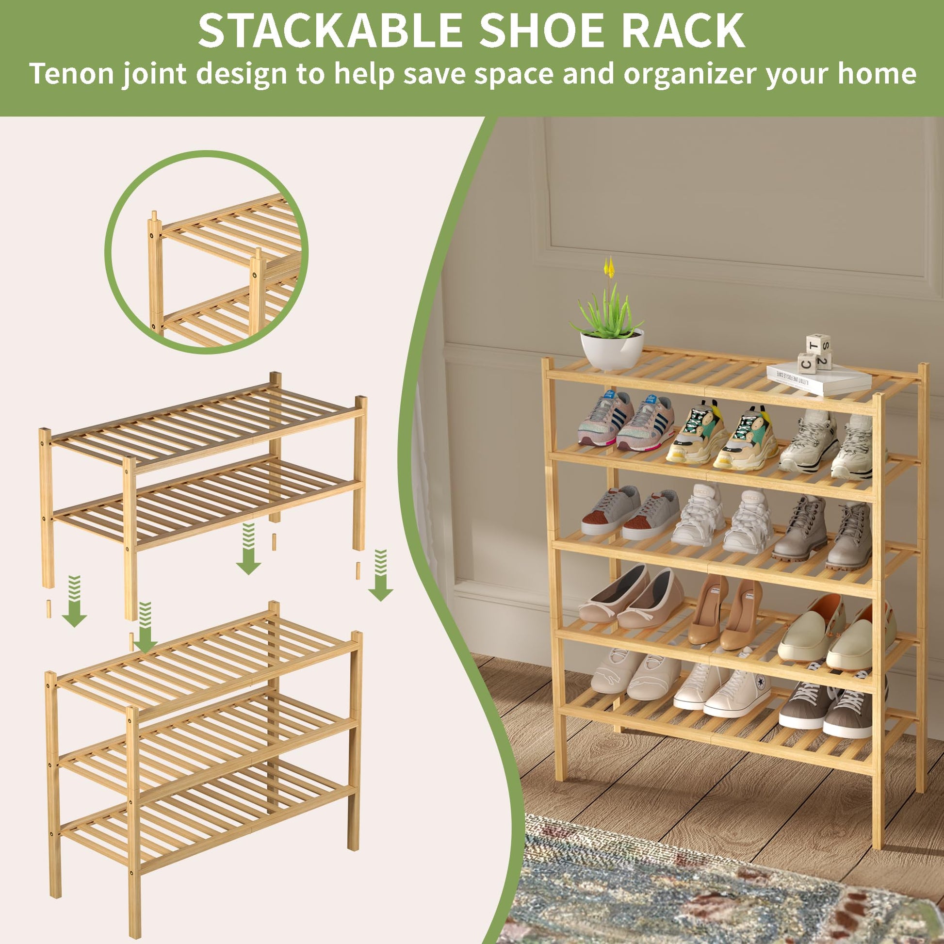 ROMGUAR CRAFT 3 Tier Bamboo Shoe Rack for Closet Free Standing Wood Shoe Shelf Storage Organizer