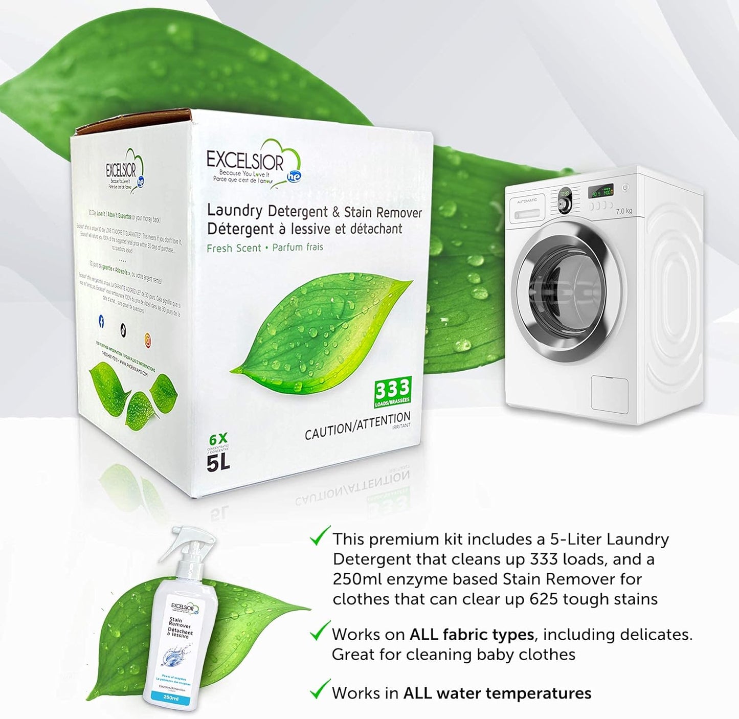 Excelsior HE Concentrated Liquid Laundry Detergent with Stain Remover, Removes 333 Loads for Cleaning Clothes, Phosphate-Free, Solvent-Free, Fresh Scent, 5L…