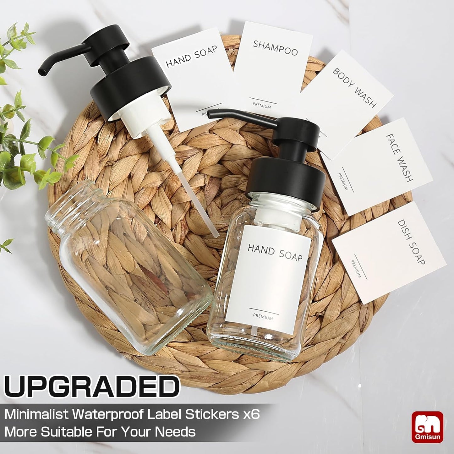 GMISUN Foam Soap Dispenser, 2 Pack 8.5 fl oz / 250 ml Clear Glass Soap Dispenser for Bathroom & Kitchen, Modern Hand Soap Dispensers, Refillable Glass Foaming Soap Dispensers with Waterproof Labels