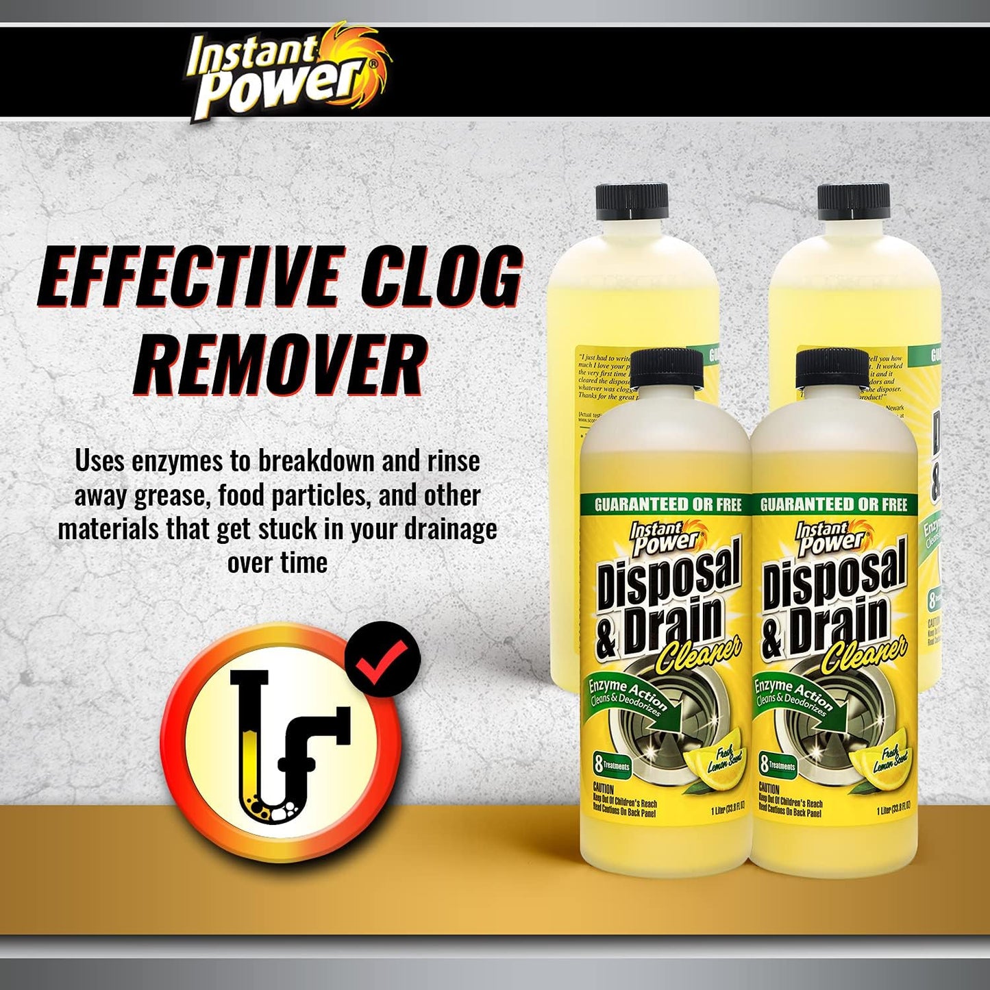 Instant Power Disposal and Drain Cleaner – Liquid Enzyme Clog Remover, Cleans and Deodorizes, Removes Drain Blockages, Fresh Lemon Scent 33.8 Fl oz, 1 Liter 4 Pack