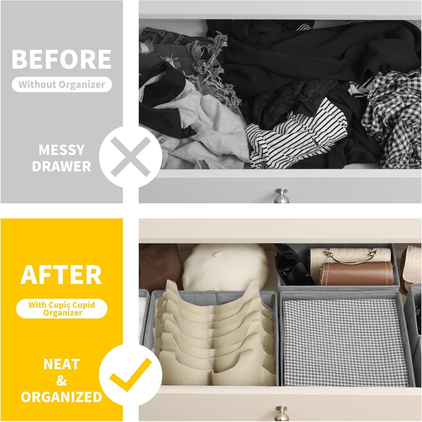 Cupic Cupid Drawer Organizer, Dresser Organizers, Foldabe Drawer Organizer Clothes, Closet Organization and Storage Dividers for Socks, Underwear and Diaper, Set of 12, Gray