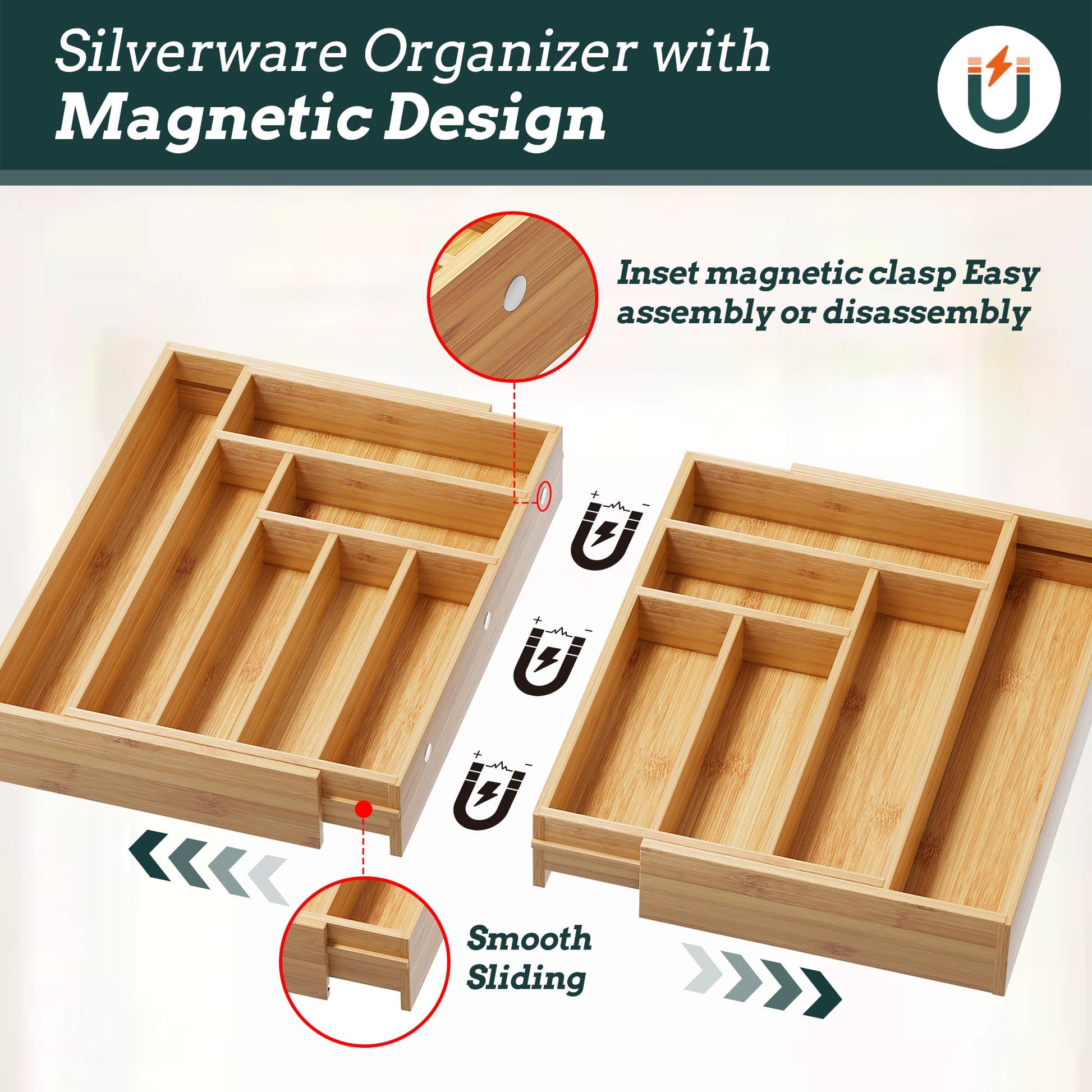 Silverware Organizer Large, Magnetic Connected Expandable 13 Slots Silverware Drawer Organizer From