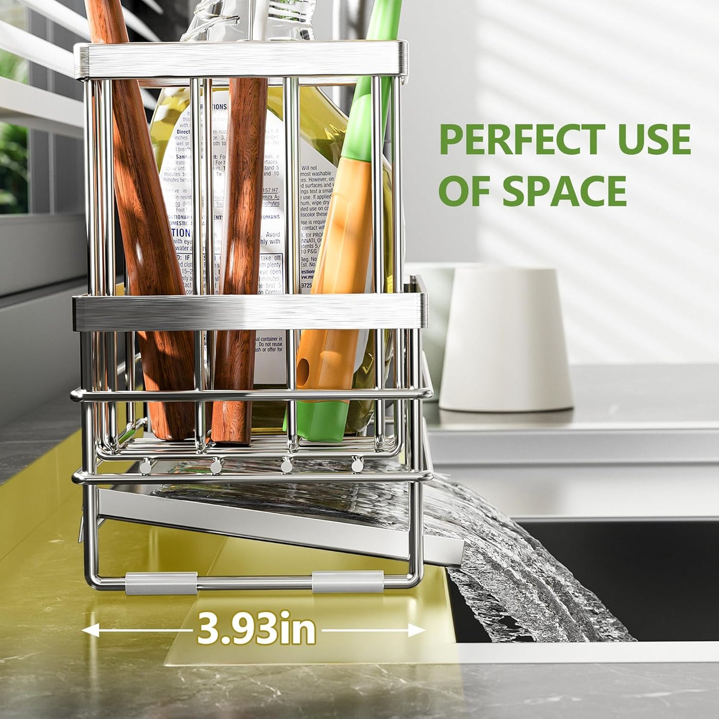 Cisily Sink Caddy Sponge Holder for Kitchen with Brush Holder and Stainless Steel Self Drain Tray, Rustproof Kitchen Sink Organizer for Sponge, Soap Dispenser Storage Accessories (Stainless Steel)