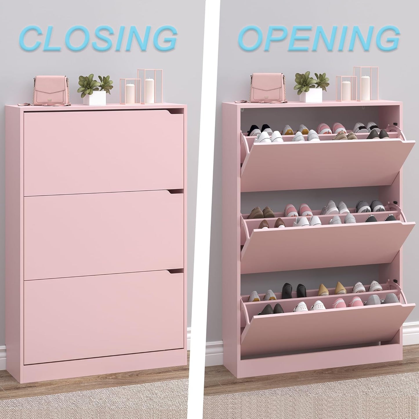 Shoe Cabinet with 3 Flip Drawers, Hidden Wood Shoe Cabinet,Freestanding Shoe Storage Cabinet for Entryway Hallway.White. 47.2" H*31.5" W*9.45" D (Pink)