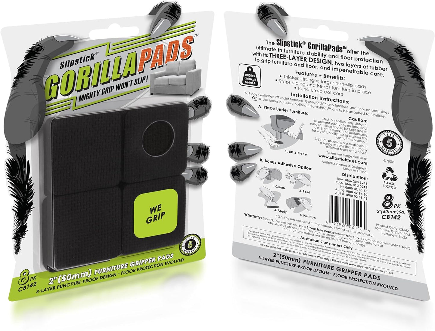 Slipstick GorillaPads CB142 Non-Slip Furniture Pads/Grippers (Set of 8) Furniture Leg Floor Protectors, 2 Inch Square, Black