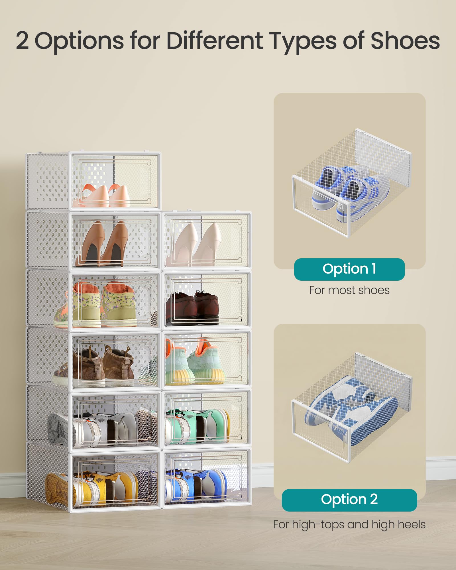 SONGMICS Shoe Boxes, Pack of 12 Shoe Storage Organizers, Stackable Clear Plastic Boxes for Closet