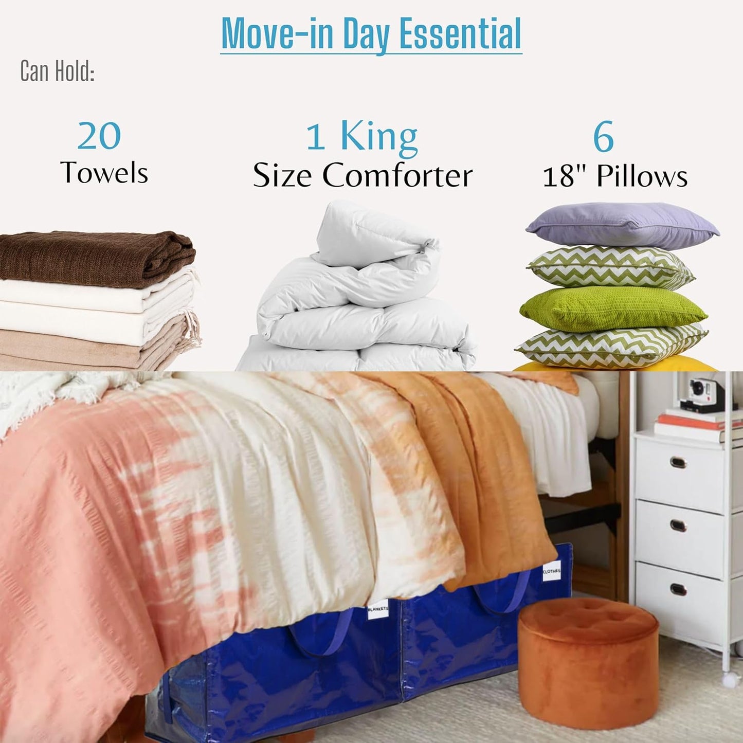 VENO 2 Pack Moving and Storage Bags, Heavy Duty, Alternative to Moving Boxes, Large Packing Totes Supplies for College Dorm Room with Zipper for Clothes, Wide Open Design (Blue, 2 Pack)