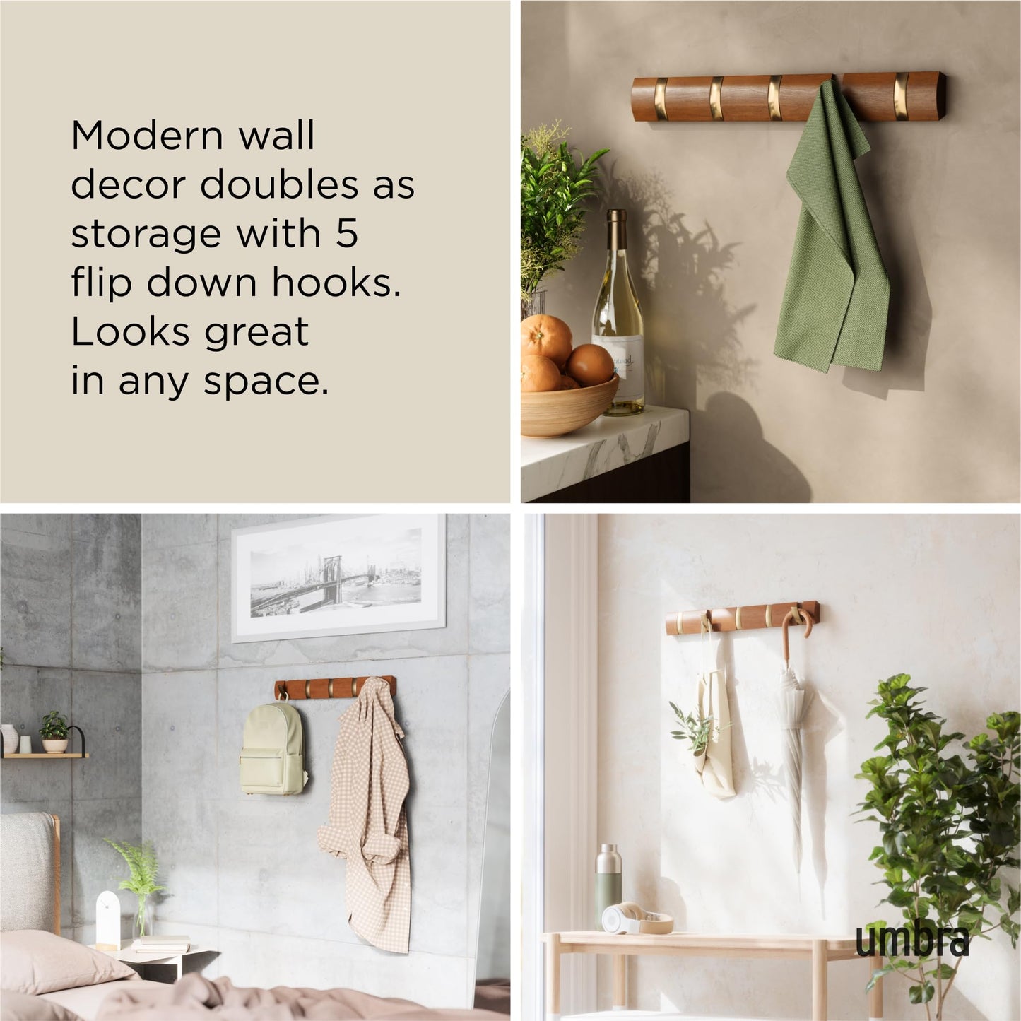 Umbra Flip Coat Rack, Wall Mounted 5-Hook Space Saving, Walnut/Gold