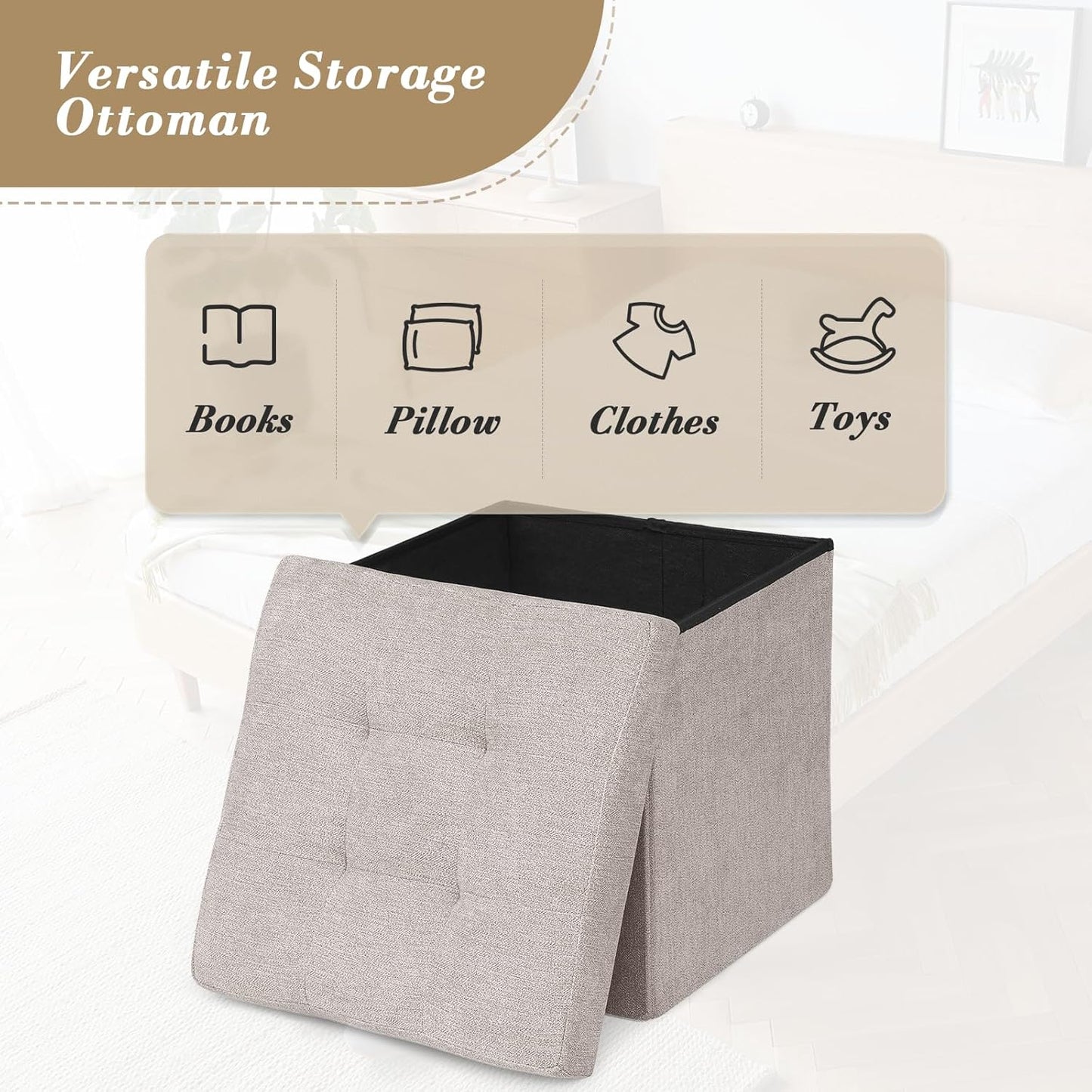 Athena Collection 15" Storage Ottoman Bench Folding Bench with 40L Hidden Storage, Small Cube Ottoman Linen Foot Rest Stool Chest with Flipping Lid for Living Room, Bedroom, Entryway, Sandy Beige