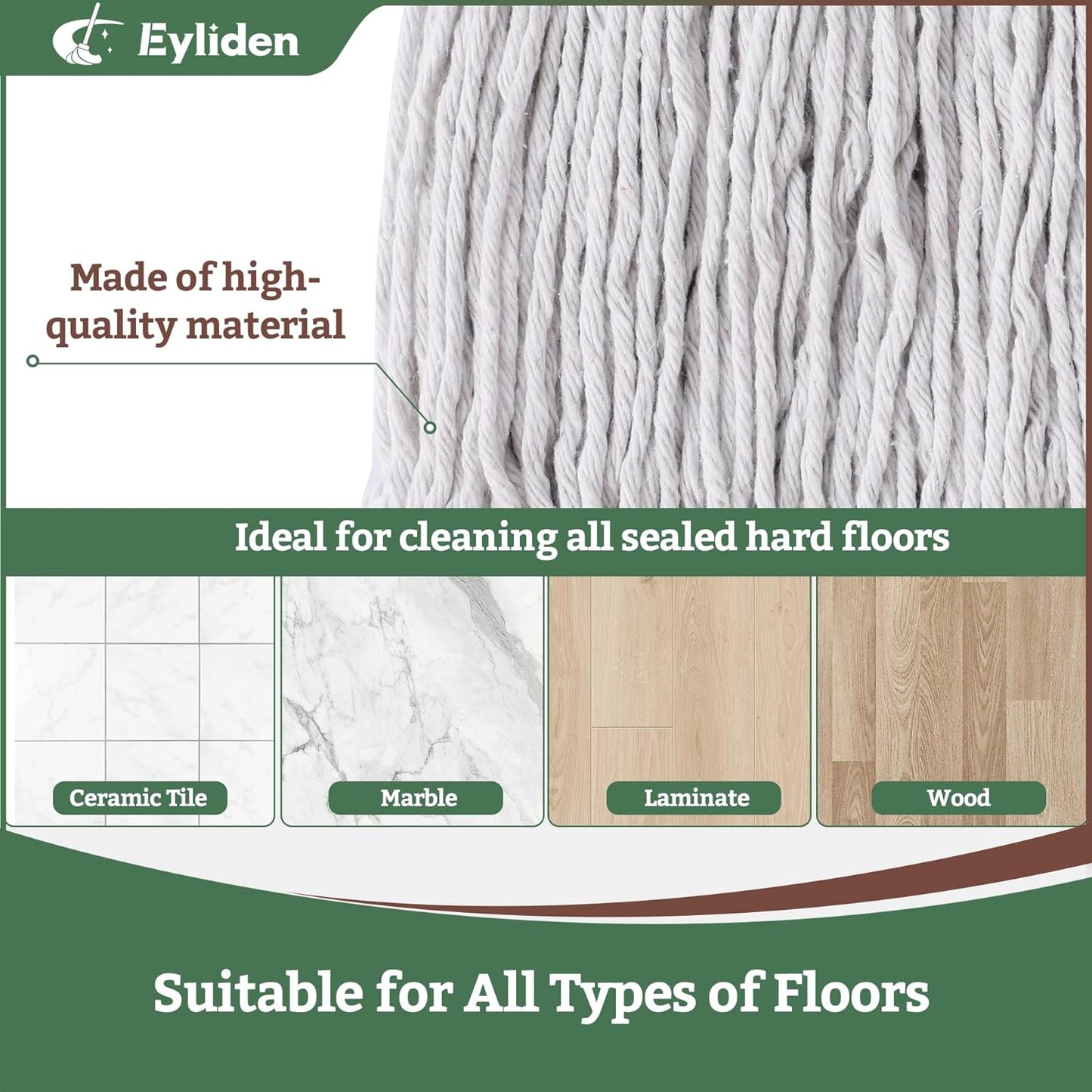 Eyliden String Mops for Floor Cleaning, Heavy Duty Looped-End Commercial Mops with Extra Mop Head Replacement, Universal Industrial Cotton String Mop for All Surfaces, Kitchen Bathroom Home